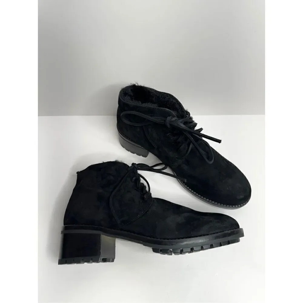 Lavorazione Ankle Booties Womens US 7 Black Leather Shearling Lace Up Block Heel